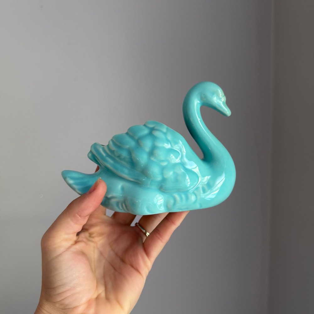 Vintage Turquoise Blue Ceramic Swan Planter Figurine Mid Century Decor 6 Inch